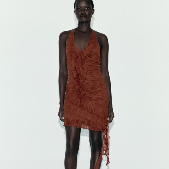 Zara Rust Brown Ruffled Mini Dress - Picture 3 of 8